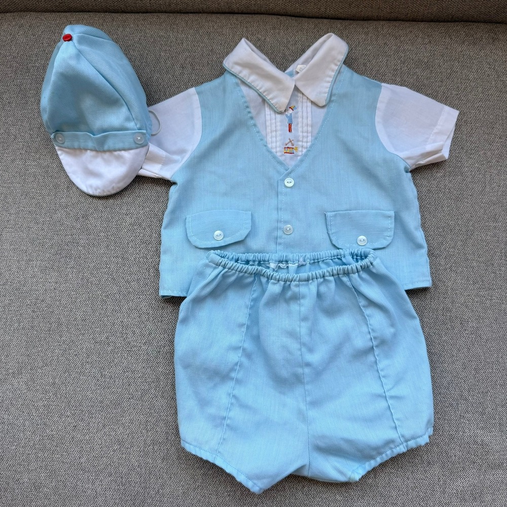 Vintage Ami Togs Baby Boy 3pc Blue Corduroy Vest Shorts Hat Set Embroidered 12M